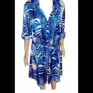 Cache Women’s Button Up L Blue White Print Dress Tie Sash Roll Tab Sleeve